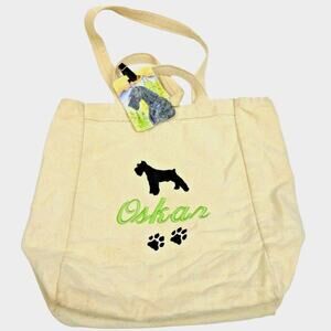 Embroidered Canvas Tote Bag Dog Lover Schnauzer Silhouette Gift w Bonus ID Tag